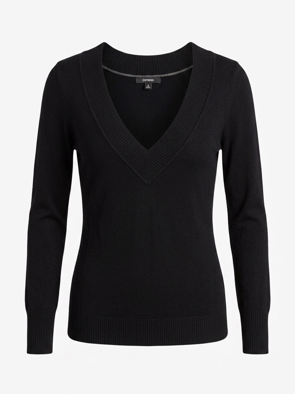 Express Black V-Neck Sweater - Slim Fit Rib Trim - Picture 3 of 10